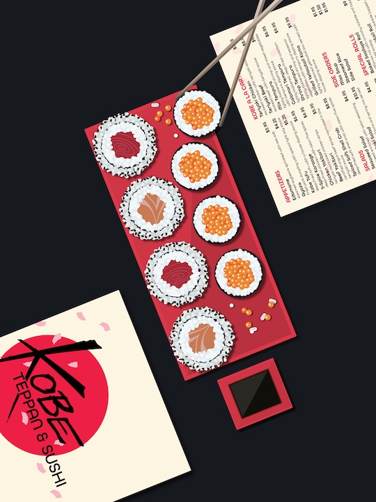 Stylized version of a plate of sushi rolls sandwiched between two menus and a tray of soy sauce.