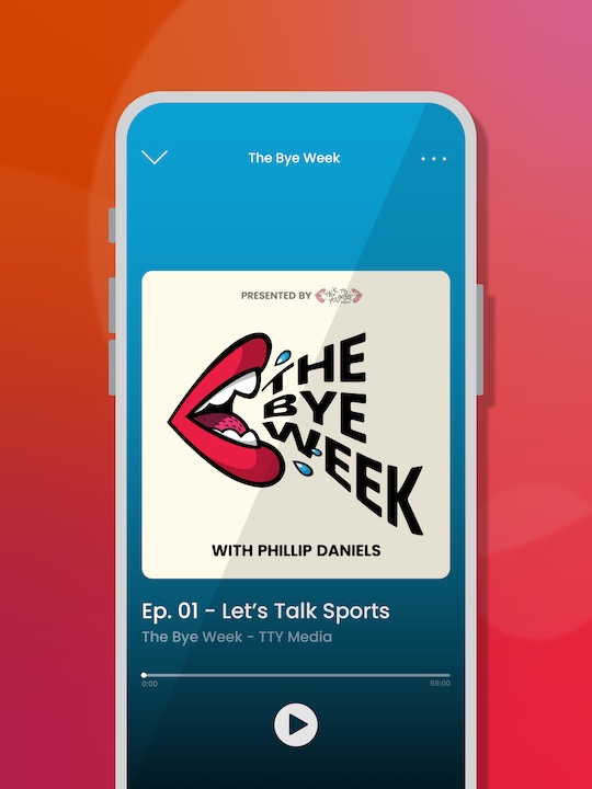 Smartphone shown playing a podcast whose thumbnail depicts cartoon lips shouting.