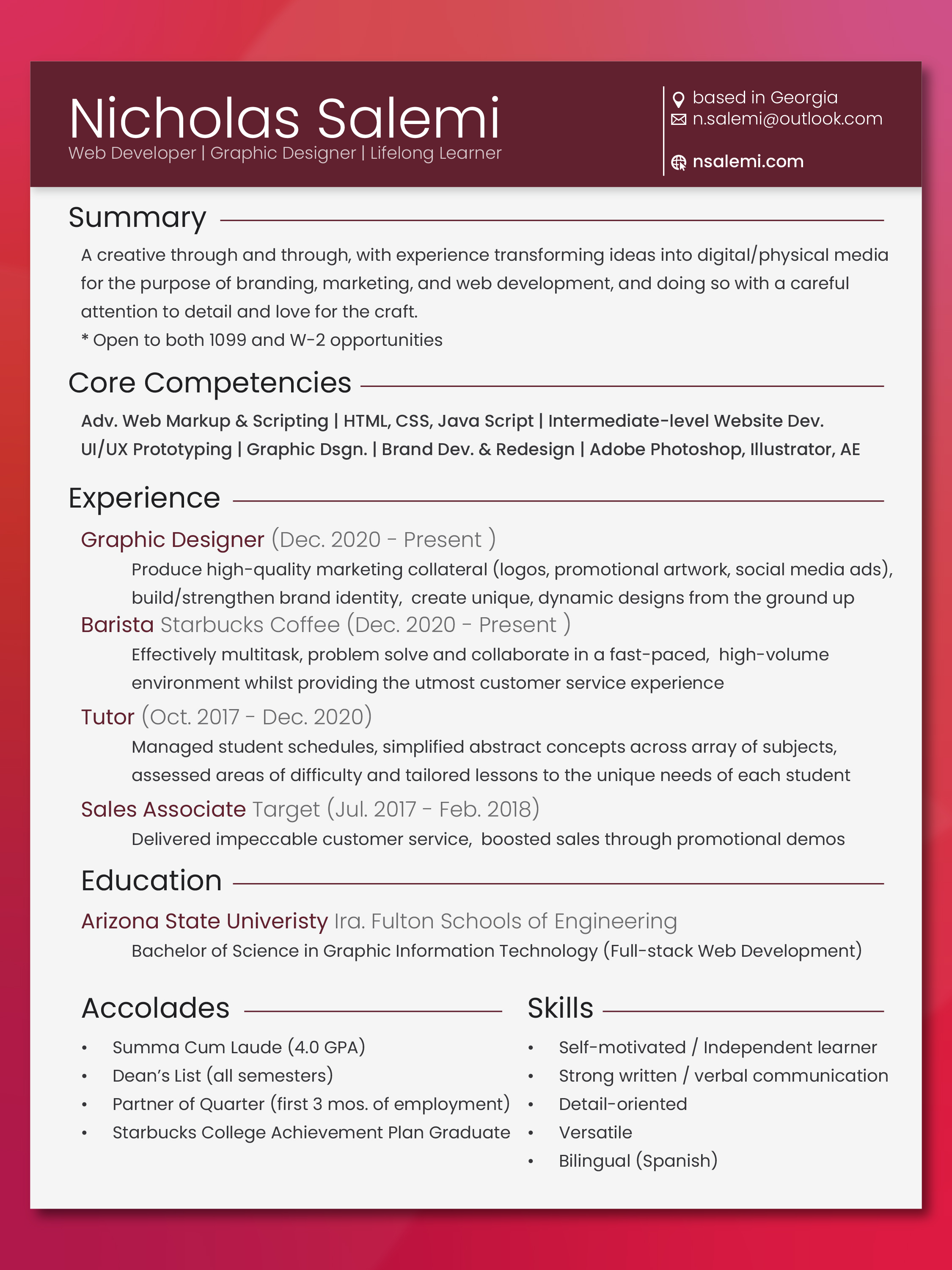 Resume depicted against an abstract background.